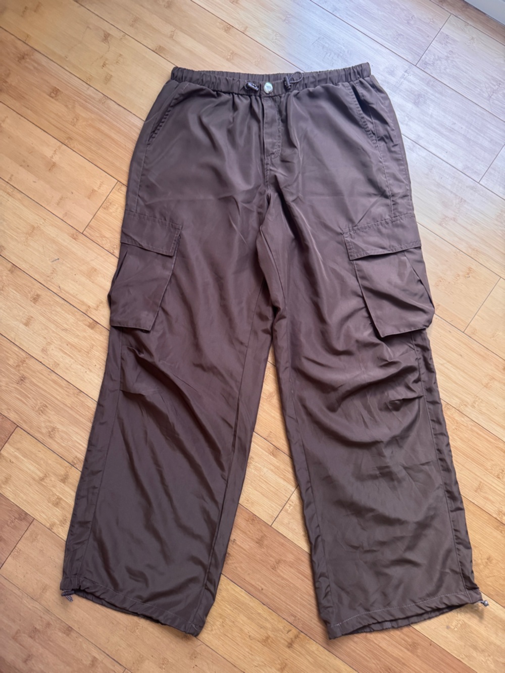 Y2K low rise satin Cargo parachute pants in chocolate brown . By angel kiss